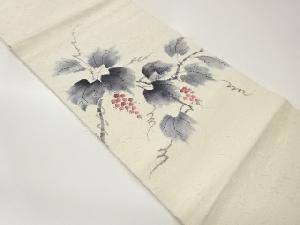 作家物　ひげ紬手描き枝に蔦葉・実模様開き名古屋帯（額縁仕立て）